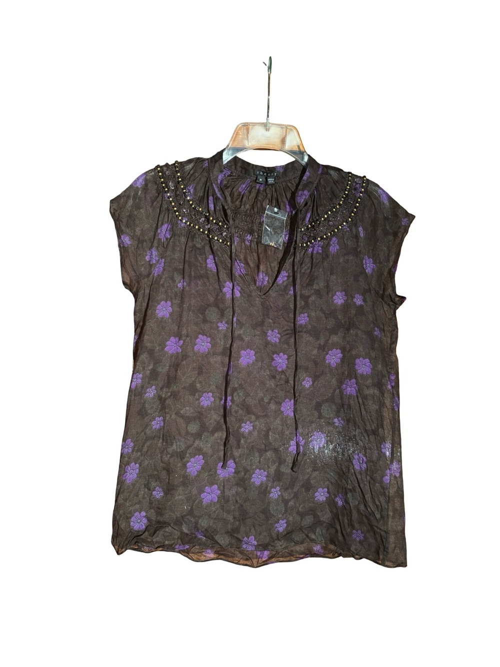 Theory Floral Sheer Beaded Cotton Blouse- Medium